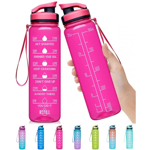Elvira 32oz Large Water Bottle with Motivational Time Marker & Removable Strainer,Fast Flow BPA Free Non-Toxic for Fitness, Gym and Outdoor Sports-Pink