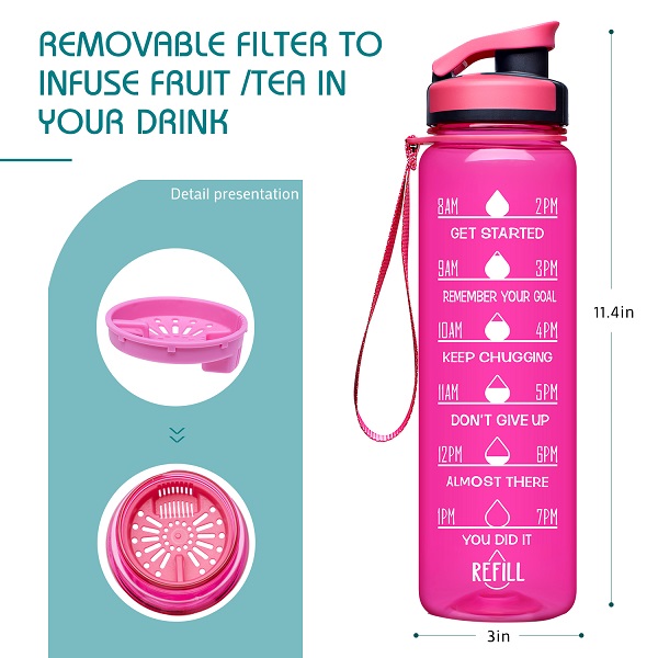 Elvira 32oz Large Water Bottle with Motivational Time Marker & Removable Strainer,Fast Flow BPA Free Non-Toxic for Fitness, Gym and Outdoor Sports-Pink