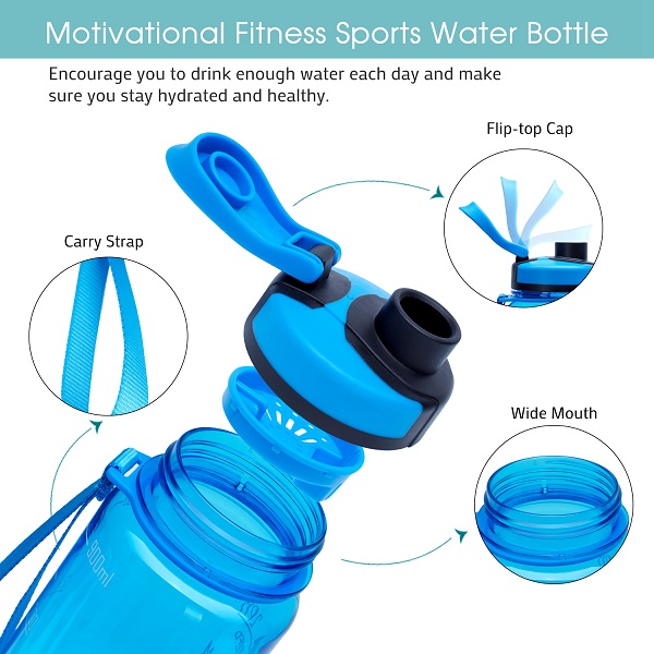 Elvira 32oz Large Water Bottle with Motivational Time Marker & Removable Strainer,Fast Flow BPA Free Non-Toxic for Fitness, Gym and Outdoor Sports-Blue