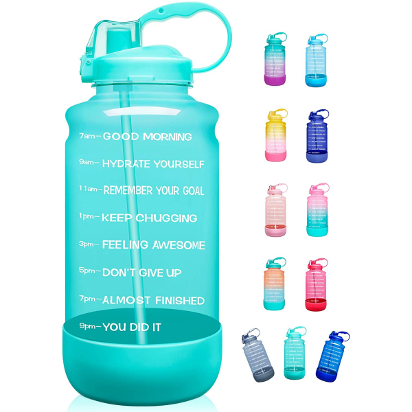 Elvira Large 1 Gallon/128 oz Motivational Time Marker Water Bottle with Straw & Protective Silicone Boot, BPA Free Anti-slip Leakproof for Fitness, Gym and Outdoor Sports-Mint Green