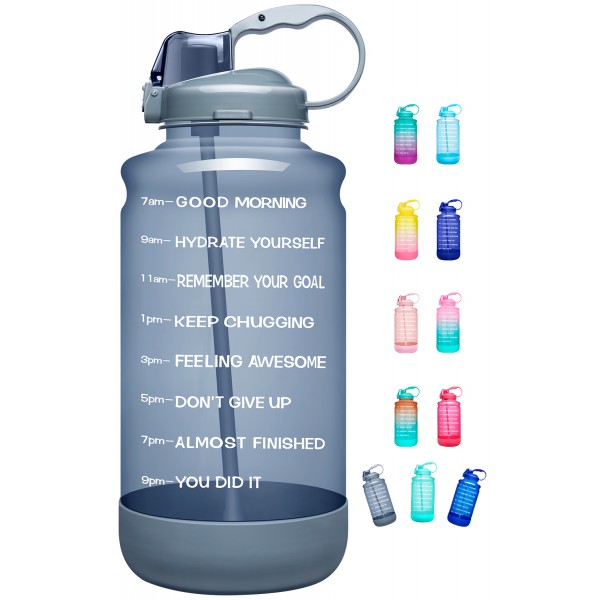 Elvira Large 1 Gallon/128 oz Motivational Time Marker Water Bottle with Straw & Protective Silicone Boot, BPA Free Anti-slip Leakproof for Fitness, Gym and Outdoor Sports-1 Gallon-Gray
