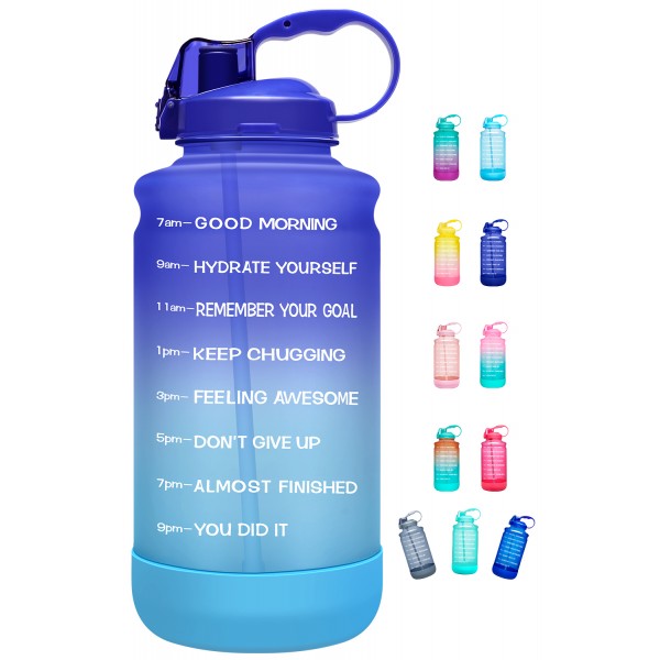 Elvira Large 1 Gallon/128 oz Motivational Time Marker Water Bottle with Straw & Protective Silicone Boot, BPA Free Anti-slip Leakproof for Fitness, Gym and Outdoor Sports-Purple/Green Gradient