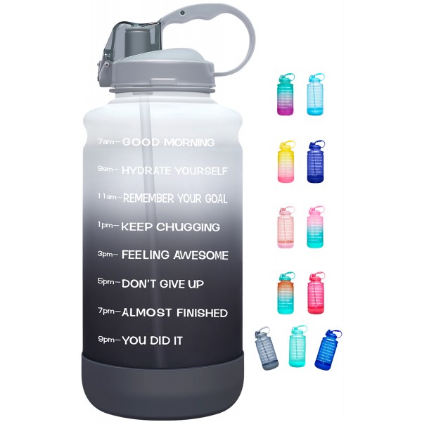 Elvira Large 1 Gallon/128 oz Motivational Time Marker Water Bottle with Straw & Protective Silicone Boot, BPA Free Anti-slip Leakproof for Fitness, Gym and Outdoor Sports-Gray Gradient