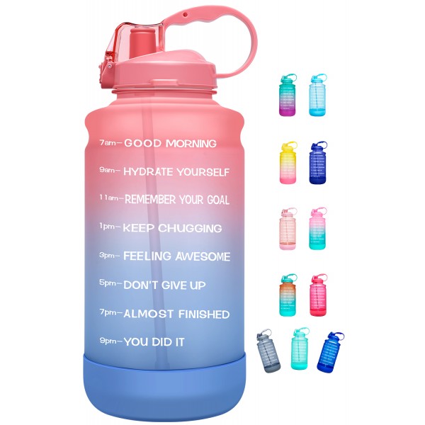 Elvira Large 1 Gallon/128 oz Motivational Time Marker Water Bottle with Straw & Protective Silicone Boot, BPA Free Anti-slip Leakproof for Fitness, Gym and Outdoor Sports-Pink/Purple Gradient