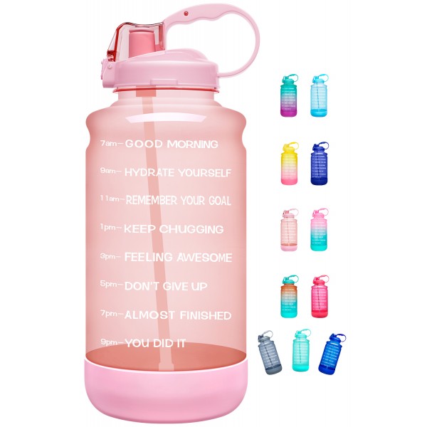 Elvira Large 1 Gallon/128 oz Motivational Time Marker Water Bottle with Straw & Protective Silicone Boot, BPA Free Anti-slip Leakproof for Fitness, Gym and Outdoor Sports-Light Pink