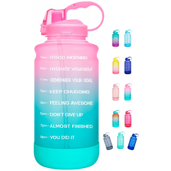 Elvira Large 1 Gallon/128 oz Motivational Time Marker Water Bottle with Straw & Protective Silicone Boot, BPA Free Anti-slip Leakproof for Fitness, Gym and Outdoor Sports-Light Pink/Green Gradient