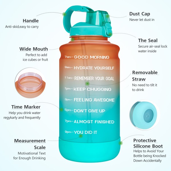 Elvira Large 1 Gallon/128 oz Motivational Time Marker Water Bottle with Straw & Protective Silicone Boot, BPA Free Anti-slip Leakproof for Fitness, Gym and Outdoor Sports-Orange/Green Gradient