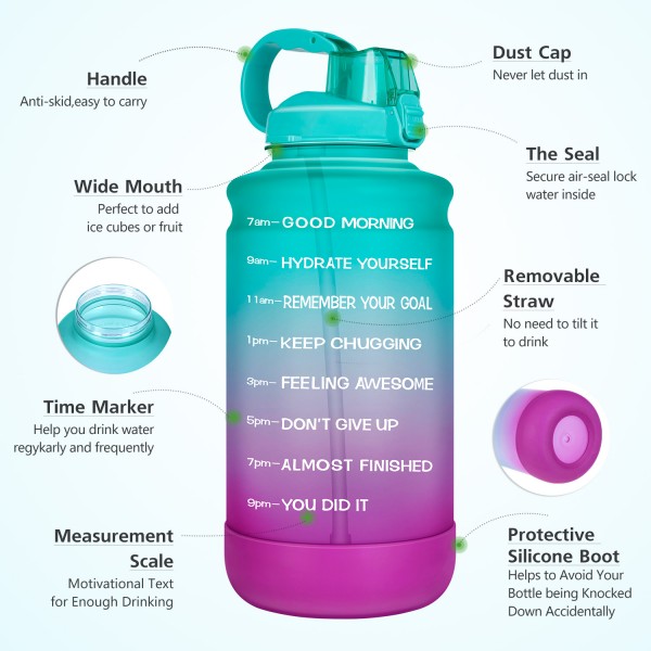 Elvira Large 1 Gallon/128 oz Motivational Time Marker Water Bottle with Straw & Protective Silicone Boot, BPA Free Anti-slip Leakproof for Fitness, Gym and Outdoor Sports-Green/Purple Gradient