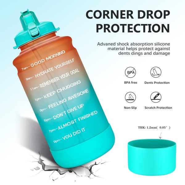 Elvira Large 1 Gallon/128 oz Motivational Time Marker Water Bottle with Straw & Protective Silicone Boot, BPA Free Anti-slip Leakproof for Fitness, Gym and Outdoor Sports-Orange/Green Gradient