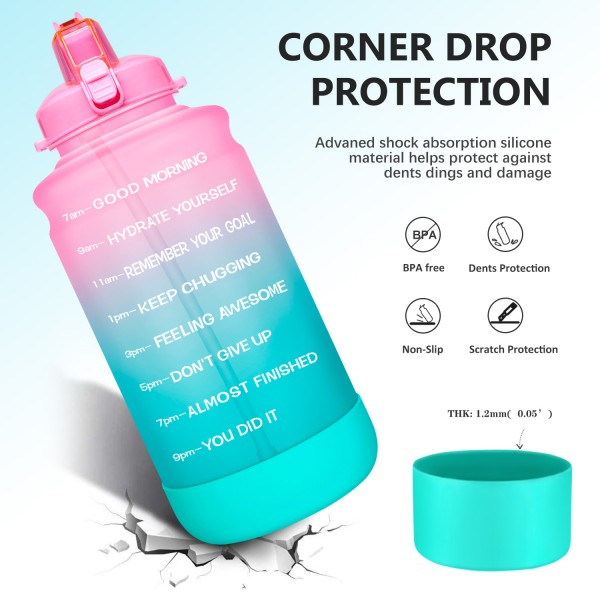 Elvira Large 1 Gallon/128 oz Motivational Time Marker Water Bottle with Straw & Protective Silicone Boot, BPA Free Anti-slip Leakproof for Fitness, Gym and Outdoor Sports-Light Pink/Green Gradient