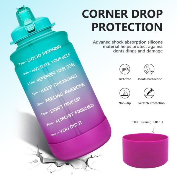 Elvira Large 1 Gallon/128 oz Motivational Time Marker Water Bottle with Straw & Protective Silicone Boot, BPA Free Anti-slip Leakproof for Fitness, Gym and Outdoor Sports-Green/Purple Gradient