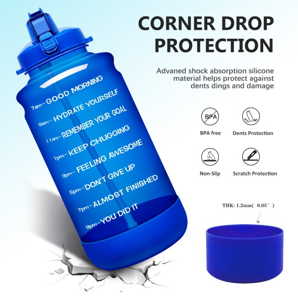 Elvira Large 1 Gallon/128 oz Motivational Time Marker Water Bottle with Straw & Protective Silicone Boot, BPA Free Anti-slip Leakproof for Fitness, Gym and Outdoor Sports-Light Blue