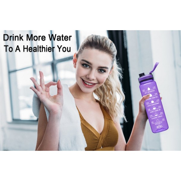 Elvira 32oz Large Water Bottle with Motivational Time Marker & Removable Strainer,Fast Flow BPA Free Non-Toxic for Fitness, Gym and Outdoor Sports-Purple