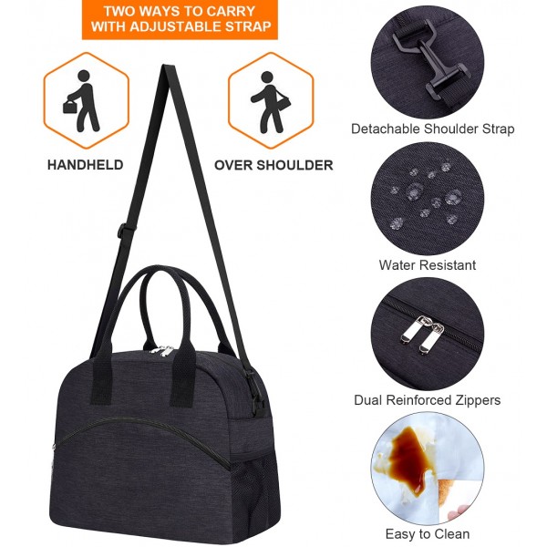 Reusable Large Insulated Durable Cooler Lunch Bag for Men Women, Tote Bag with Adjustable Shoulder Strap for Office Work School Picnic Hiking Beach-Black