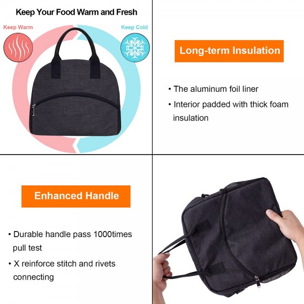 Reusable Large Insulated Durable Cooler Lunch Bag for Men Women, Tote Bag with Adjustable Shoulder Strap for Office Work School Picnic Hiking Beach-Black