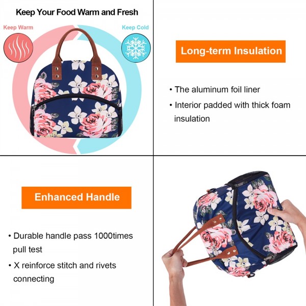 Elvira Reusable Large Insulated Durable Cooler Lunch Bag for Women Men Tote Bag with Adjustable Shoulder Strap for Office Work School-Peony Blue