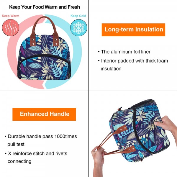 Elvira Reusable Large Insulated Durable Cooler Lunch Bag for Women Men Tote Bag with Adjustable Shoulder Strap for Office Work School-Purple Leaf