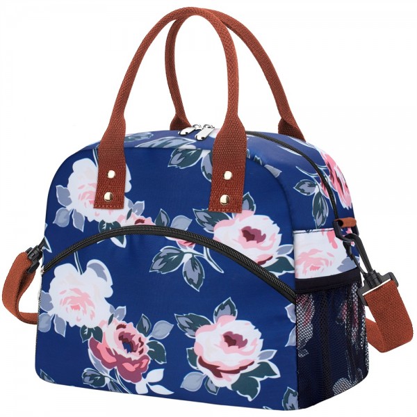 Elvira Reusable Large Insulated Durable Cooler Lunch Bag for Women Men Tote Bag with Adjustable Shoulder Strap for Office Work School-Blue Flower
